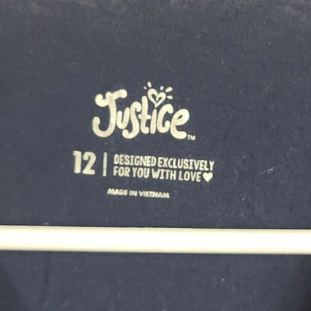 Justice Girls Navy Blue Glitter Tee Peace Sign Short Sleeve Fitted Knit T-Shirt
